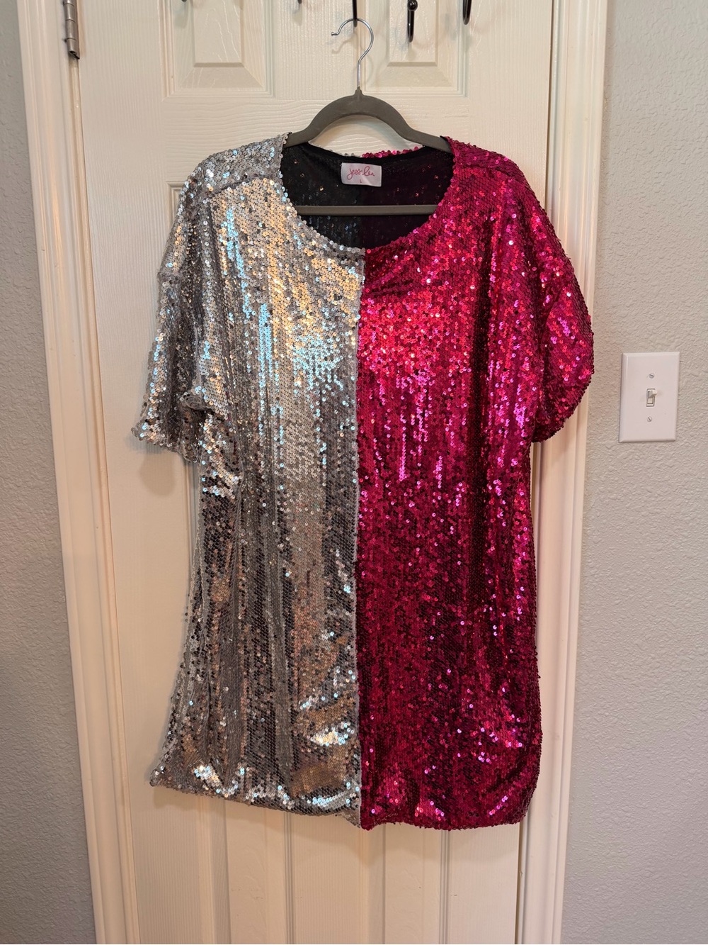 Two-Tone Sequin Mini Dress - Silver & Fuchsia